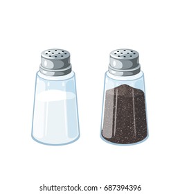 Salt and pepper. Pair of transparent glass shaker with metal cap. Vector illustration cartoon flat icon isolated on white.