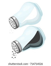 Salt and pepper. Pair of transparent glass shaker with metal cap. Vector illustration cartoon flat icon isolated on white. Web site page and mobile app design vector element.