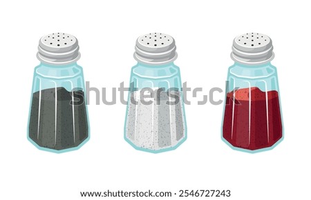 Salt and pepper. Pair of transparent glass shaker with metal cap. Vector illustration in cartoon style, isolated on a white background.