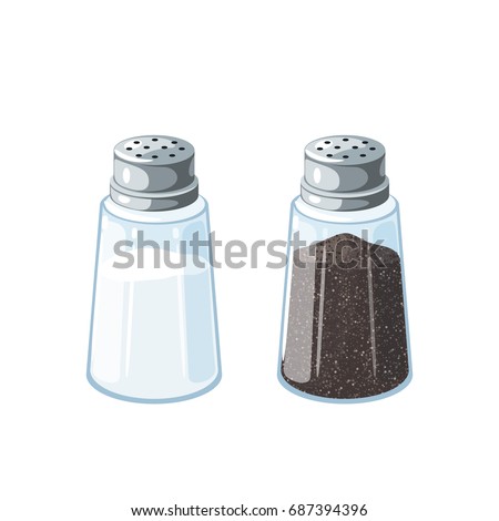 Salt and pepper. Pair of transparent glass shaker with metal cap. Vector illustration cartoon flat icon isolated on white.