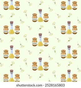 Salt and pepper in the pattern.Vector seamless pattern with salt, ground pepper and oil in containers for table setting.