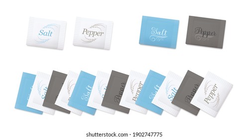 Salt an pepper sachets. Variuos paper envelopes to rip for seasoning, typical for restaurants, hotels, inns, guest houses, dining cars. Isolated vector illustration on white background.
