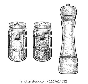 Salt, Pepper Shaker, And Grinder Illustration, Drawing, Engraving, Ink, Line Art, Vector