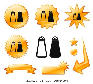 Salt and Pepper Shaker Icon on Orange Burst Banners and Medals Original Vector Illustration