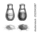 Salt and pepper shaker. Piles of fine salt and ground spice. Hand drawn ink sketch. Vintage style.