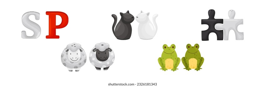 Salt and Pepper Shaker or Pot as Ceramic Shaped Condiment Dispenser Vector Set