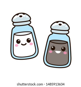 Salt And Pepper Shaker Set With Cute Cartoon Smiling Faces. Kawaii Characters Drawing, Vector Clip Art Illustration.