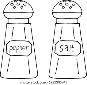 Salz- und Pfefferstreuer-Symbol, Aufkleber. Skizze handgezeichnet doodle Stil. Vektorgrafik, Minimalismus, Monochrom. Küche, Würznahrung