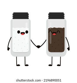 Salt And Pepper Shaker Vector. Cute Cartoon Salt And Pepper Shaker Couple With Smiling Faces. Kawaii Characters Drawing Vector.