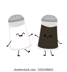 Salt and Pepper shaker vector. Cute cartoon salt and pepper shaker couple with smiling faces. Kawaii characters drawing vector.