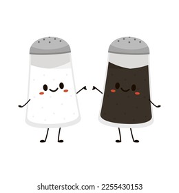 Salt and Pepper shaker vector. Cute cartoon salt and pepper shaker couple with smiling faces. Kawaii characters drawing vector.