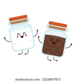 Vector de coctelera de sal y pimienta. Linda pareja de salero y pimentero de dibujos animados con caras sonrientes. Personajes kawaii dibujando Vector.