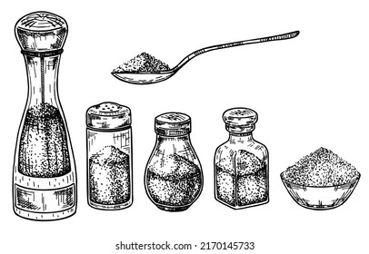 Salt and pepper shakers collection isolated on white background. Spice containers sketch. Spoon with salt. Set of vector hand drawn illustrations