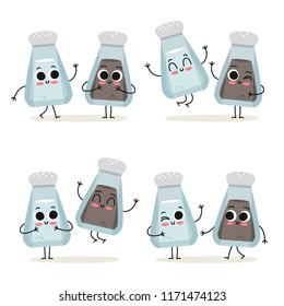 Salt And Pepper Shakers. Cute Cartoon Spice Vector Character Set Isolated On White