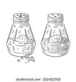 Salt and Pepper Shakers Engraved Illustration. Hand drawn glass jars cooking spices vector sketch in vintage style for logo, recipe, menu, emblem, food prints, labels, stickers