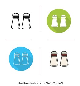 Salt and pepper shakers flat design, linear and color icons set. Kitchen tools items. Cooking equipment. Cuisine instruments. Contour and long shadow logo concepts. Isolated vector illustrations