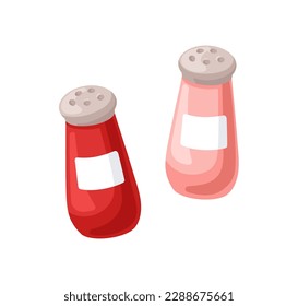 Salt and pepper shakers. Kitchen accessories for spices. Table utensils, ceramic bottles, containers for ground seasoning, condiment. Flat cartoon vector illustration isolated on white background