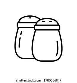Salt and pepper shakers. Linear icon of pair of spice jar, kitchen utensils for table setting. Black illustration of container for sprinkling dry ingredients. Contour isolated vector, white background