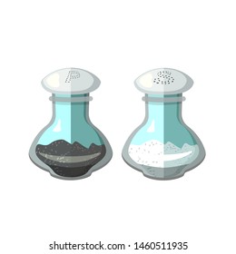 Salt and pepper shakers. Pair of transparent glass shakers with plastic cap. Vector illustration  flat icon isolated on white.