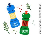 Salt and pepper shakers set. Blue and green spice mills with fresh rosemary branches and peppercorns. Kitchen cooking seasoning condiments vector elements