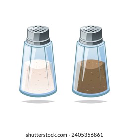 Salt and pepper shakers vector. Transparent glass shaker with metal cap isolated on white background. 