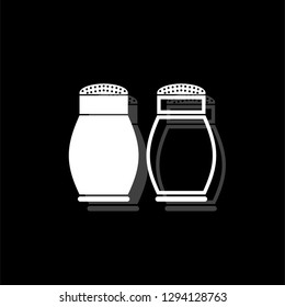 Salt and pepper shakers. White flat simple icon with shadow
