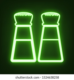 Salt and pepper sign. Green neon icon in the dark. Blurred lightening. Illustration.