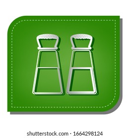 Salt and pepper sign. Silver gradient line icon with dark green shadow at ecological patched green leaf. Illustration.