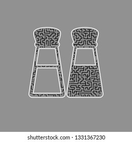Salt and pepper sign. Vector. Black maze filled icon with white border at gray background.