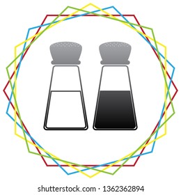 Salt and pepper sign. Vector. Black icon with patch of light inside colorful hexagonal frames at white background.
