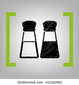 Salt and pepper sign. Vector. Black scribble icon in citron brackets on grayish background.