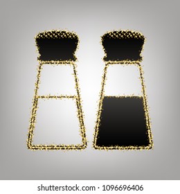 Salt and pepper sign. Vector. Blackish icon with golden stars at grayish background.