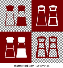 Salt and pepper sign. Vector. Bordo and white icons and line icons on chess board with transparent background.