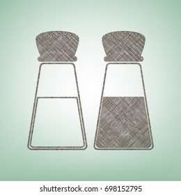 Salt and pepper sign. Vector. Brown flax icon on green background with light spot at the center.