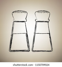 Salt and pepper sign. Vector. Brush drawed black icon at light brown background.
