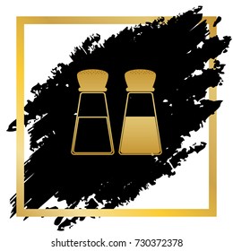 Salt and pepper sign. Vector. Golden icon at black spot inside golden frame on white background.