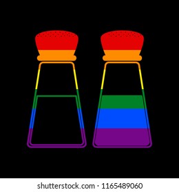 Salt and pepper sign. Vector. Icon with colors of LGBT flag at black background.