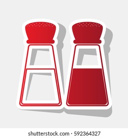 Salt and pepper sign. Vector. New year reddish icon with outside stroke and gray shadow on light gray background.