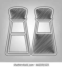 Salt and pepper sign. Vector. Pencil sketch imitation. Dark gray scribble icon with dark gray outer contour at gray background.