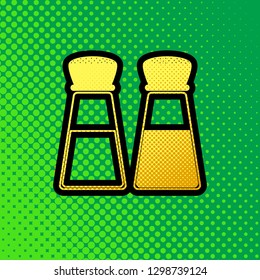 Salt and pepper sign. Vector. Pop art orange to yellow dots-gradient icon with black contour at greenish background.