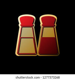 Salt and pepper sign. Vector. Red icon with small black and limitless shadows at golden sticker on black background.