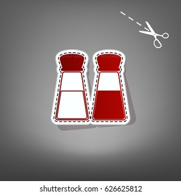 Salt and pepper sign. Vector. Red icon with for applique from paper with shadow on gray background with scissors.