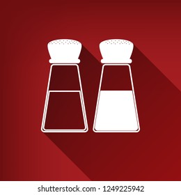 Salt and pepper sign. Vector. White icon with limitless shadow at ruby red background.