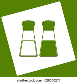 Salt and pepper sign. Vector. White icon obtained as a result of subtraction rotated square and path. Avocado background.
