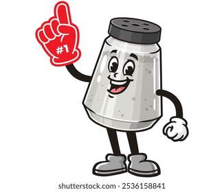 Salt Pepper Spice Powder Shaker Seasoning with Foam Finger, Cartoon Mascot Illustration Character Vector Clip-art Hand-drawn Logo Design