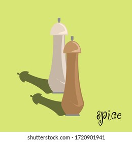 Salt, pepper in wood mill bottle, vector illustration