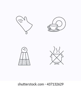 Salt, potholder and food, drink icons. Do not boil linear sign. Flat linear icons on white background. Vector