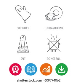 Salt, potholder and food, drink icons. Do not boil linear sign. Award medal, growth chart and opened book web icons. Download arrow. Vector