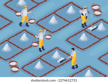 Salt production background with mineral processing symbols isometric vector illustration