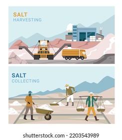 Salt production flat horizontal banners with harvesting and collecting processes isolated vector illustration